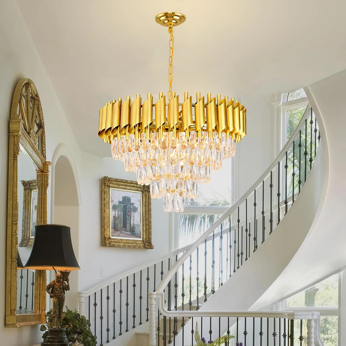 Modern Golden Crystal Chandelier, 5-Layer Circular Luxury Ceiling Chandelier, Suitable for Dining/Living Room/Entrance Hall