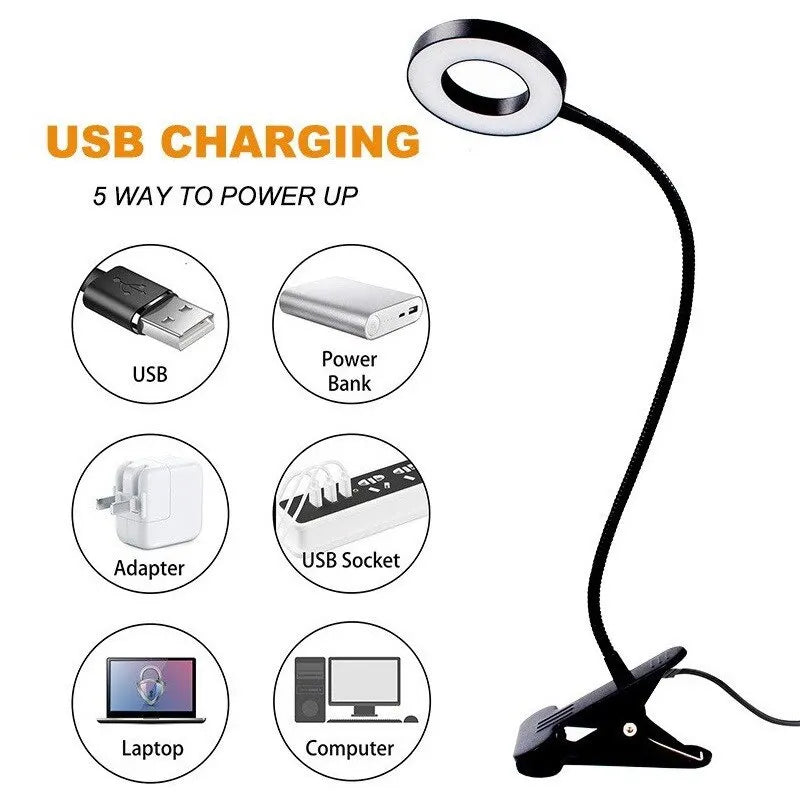 48 LEDs Desk Lamp Clip USB Book Light Bedside 360° Flexible Eye Protection Gooseneck Reading Light Brightness Adjustable 3 Level