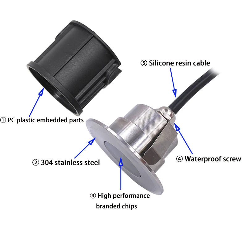 Waterproof Outdoor LED Light, Stainless Steel IP68 Terrace and Garden Ground Light, RGB RGBW, Recessed in Ground Lamp 12V/24V 2W