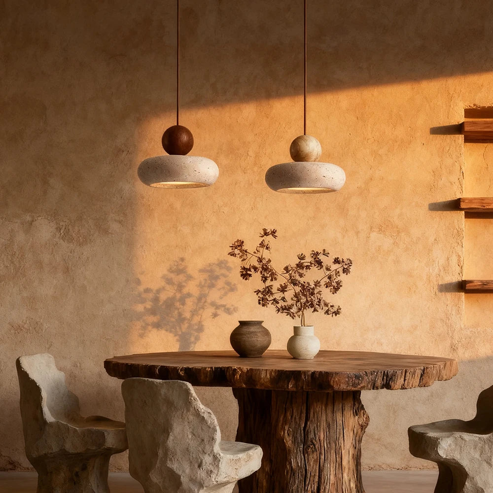 2026 New Cave Stone Pendant Light Bedroom Yellow Travertine LED Chandelier Living Dining Room Modern Hanging Lamp Decor Lighting