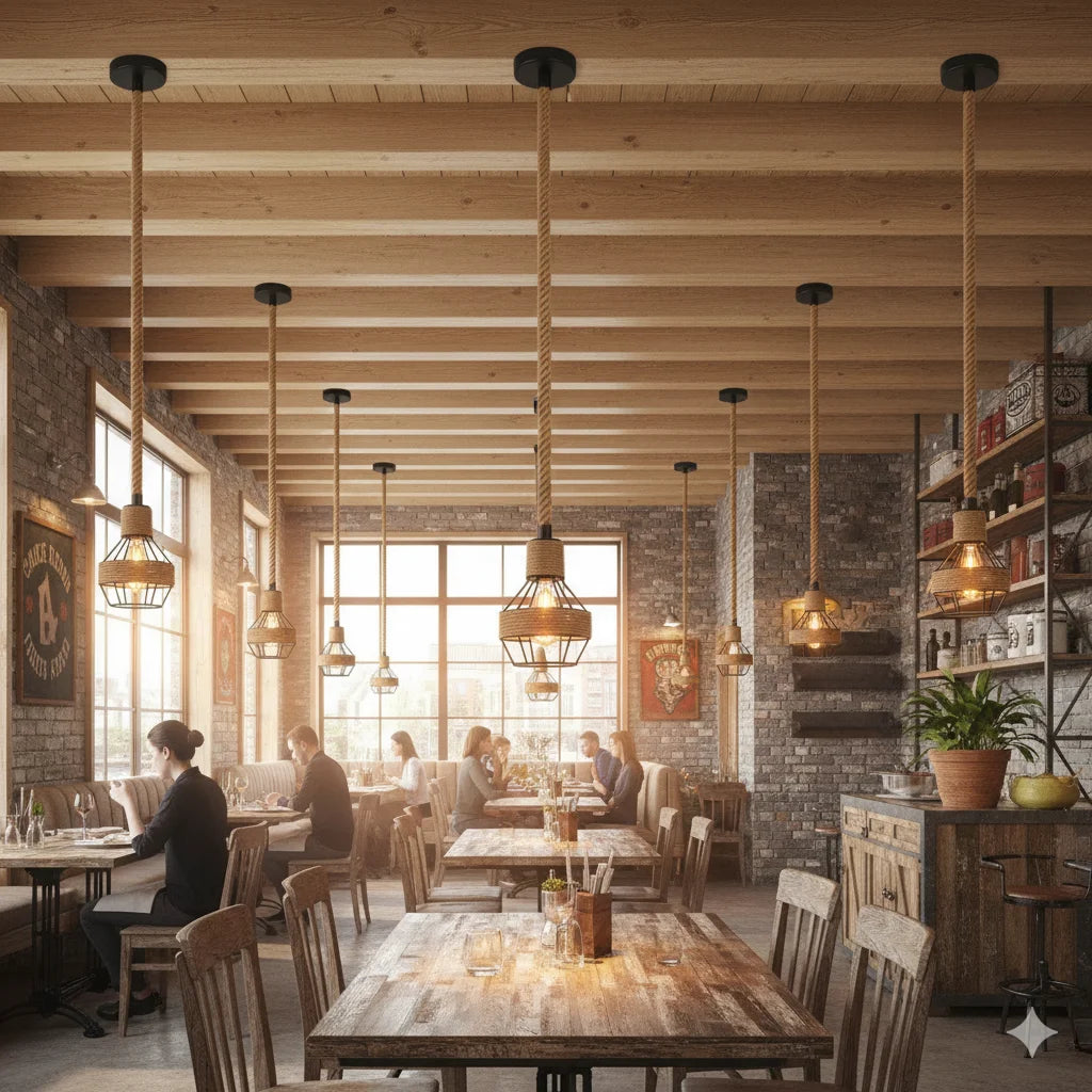 Industrial Loft Hemp Rope Chandelier - Vintage Dining Room Pendant Lamp