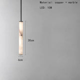 Cylindrical Natural Marble Chandelier Black Brass 3000K Indoor Bedroom Parlor Pendant Lamp Cord Adjustable