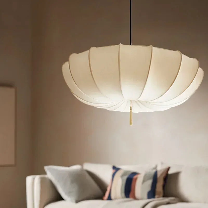 Nordic Japanese Wabi-Sabi Paper Umbrella Fabric Chandelier - French Retro Ceiling Pendant Light Fixture for Bedroom, Living Room & Home Decor