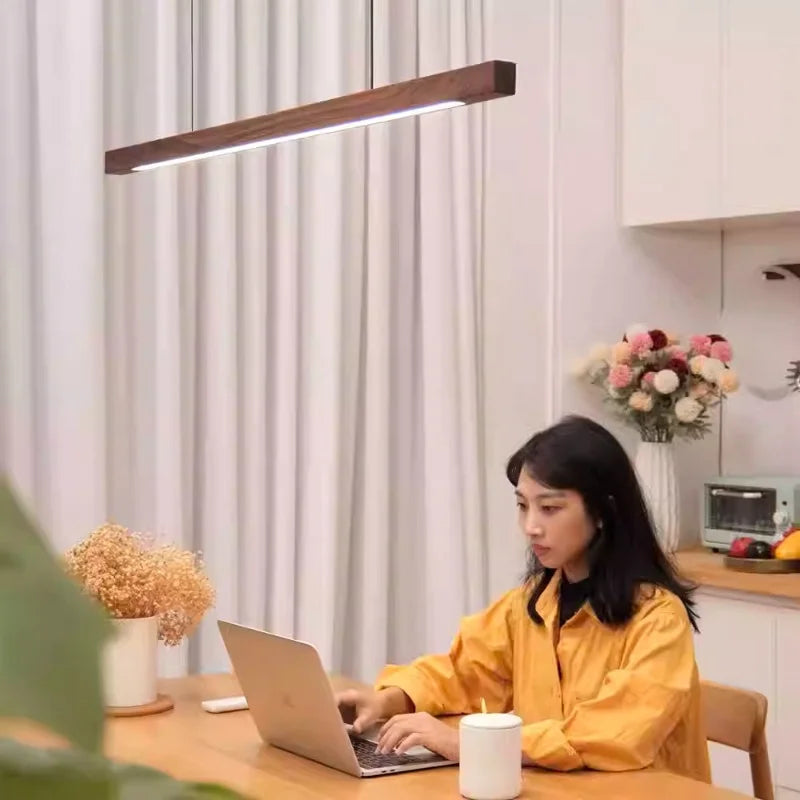 Japanese Minimalist Restaurant Bar Counter With Antique Wooden Pendant Lights Office Reception Area With Eye-Friendly LED Light