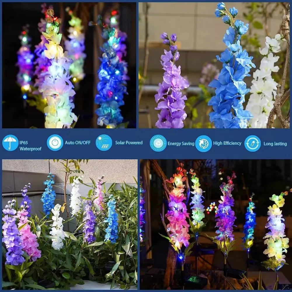 Solar Multicolor Artificial Tall Delphinium Larkspur Stake Lights,Waterproof  Ground Lamp for Outdoor Lawn, Yard, Garden Pathway
