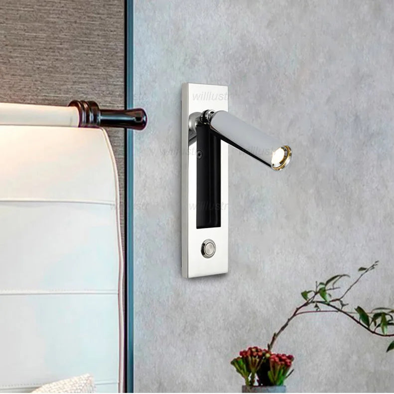 Creative Rotatable Aluminum Wall Lamp LED Embedded Sconce Hotel Cafe Bar Bedside Copper Nickle Chrome Metal Reading Lighting