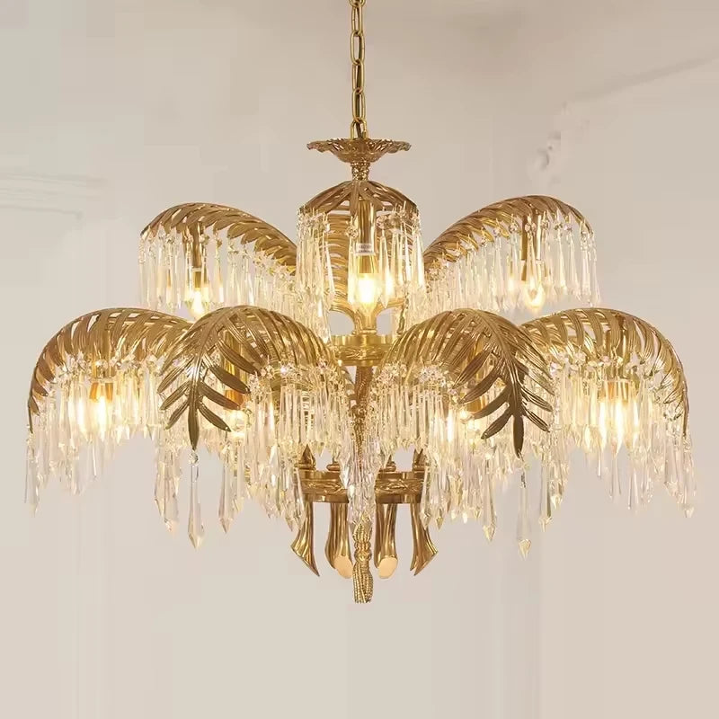 Hand Carving Gold Brass Hanging Pendant Lights Villa Living Room Luxury Crystal Palm Chandelier