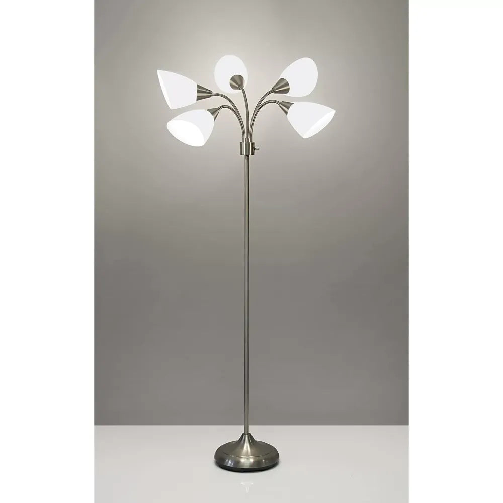 Five Light Floor Lamp, Brushed Steel, White Frosted Plastic Shade Bedroom Reading Deco Dining Room Light