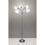 Five Light Floor Lamp, Brushed Steel, White Frosted Plastic Shade Bedroom Reading Deco Dining Room Light