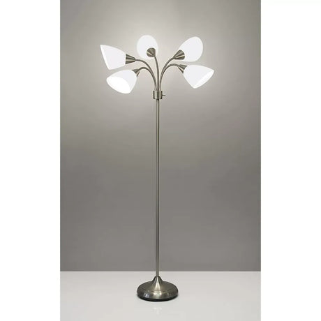 Five Light Floor Lamp, Brushed Steel, White Frosted Plastic Shade Bedroom Reading Deco Dining Room Light
