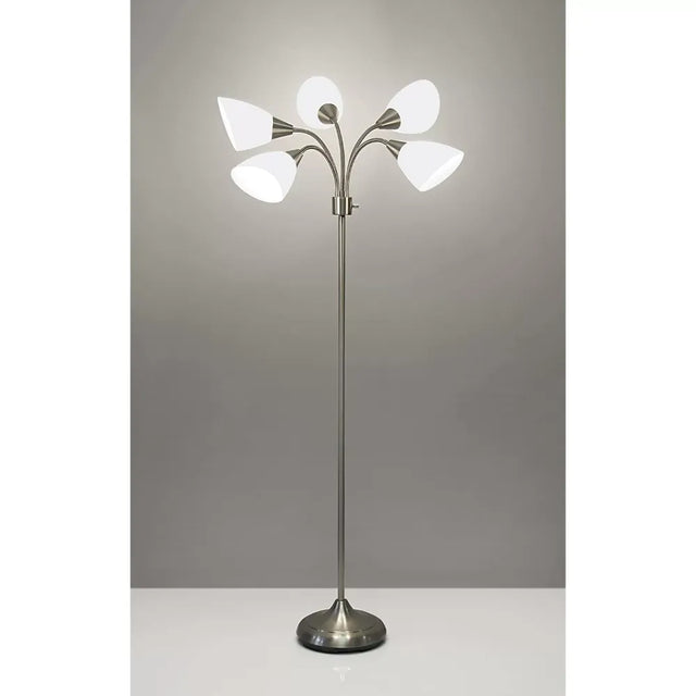 Five Light Floor Lamp, Brushed Steel, White Frosted Plastic Shade Bedroom Reading Deco Dining Room Light