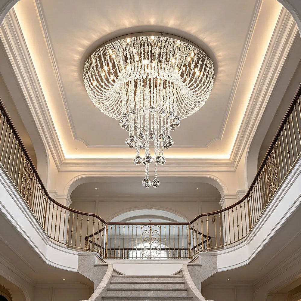 Luxury Long Tassel Crystal Flush Mount Chandelier LED Ceiling Light For Villa Duplex Staircase High Ceiling Living Room Foyer