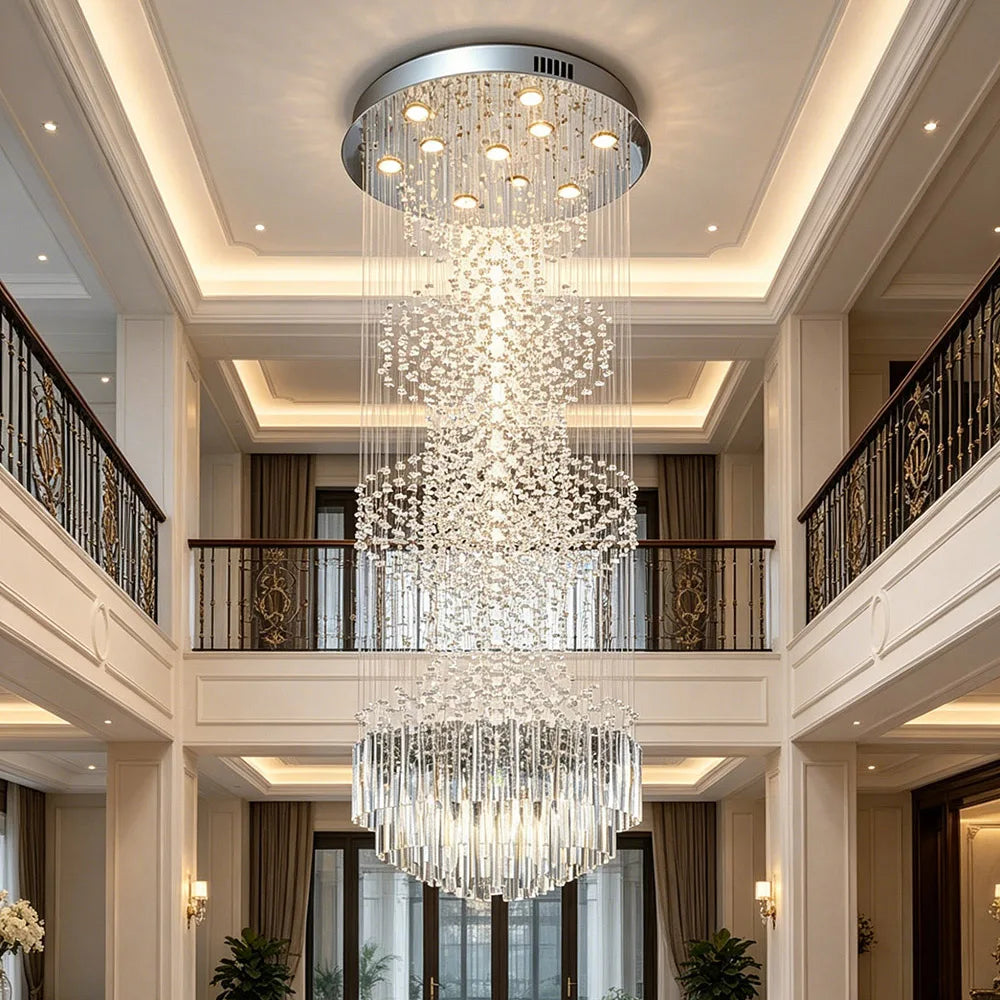 Modern Long Crystal Chandelier Flush Mount Ceiling Light for Duplex Villa Staircase Hotel Lobby Decoration