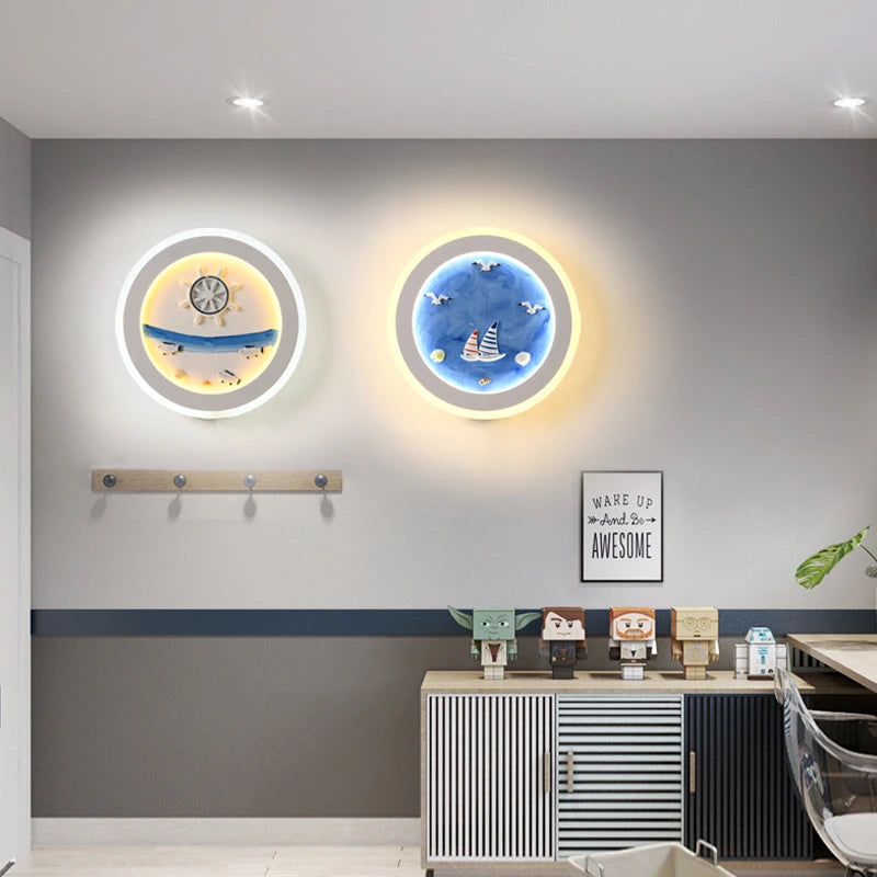 Mediterranean Style Wall Lamp Rudder Boy Children Room Anchor Decoration Bedside Light 27W LED Acrylic Wood Cartoon Sconce Light