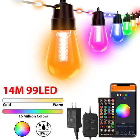 50Ft RGBW Smart String Lights with Rope Fairy APP Remote Control Dimmable G40 Patio Lights Outdoor Christmas Tree Garden Decors