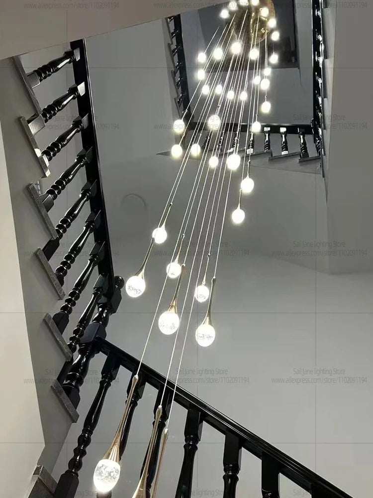 Nordic Minimalist Crystal Raindrop Pendant Light LED Staircase Chandelier For High Ceiling Villa Duplex Home Decor Living Room