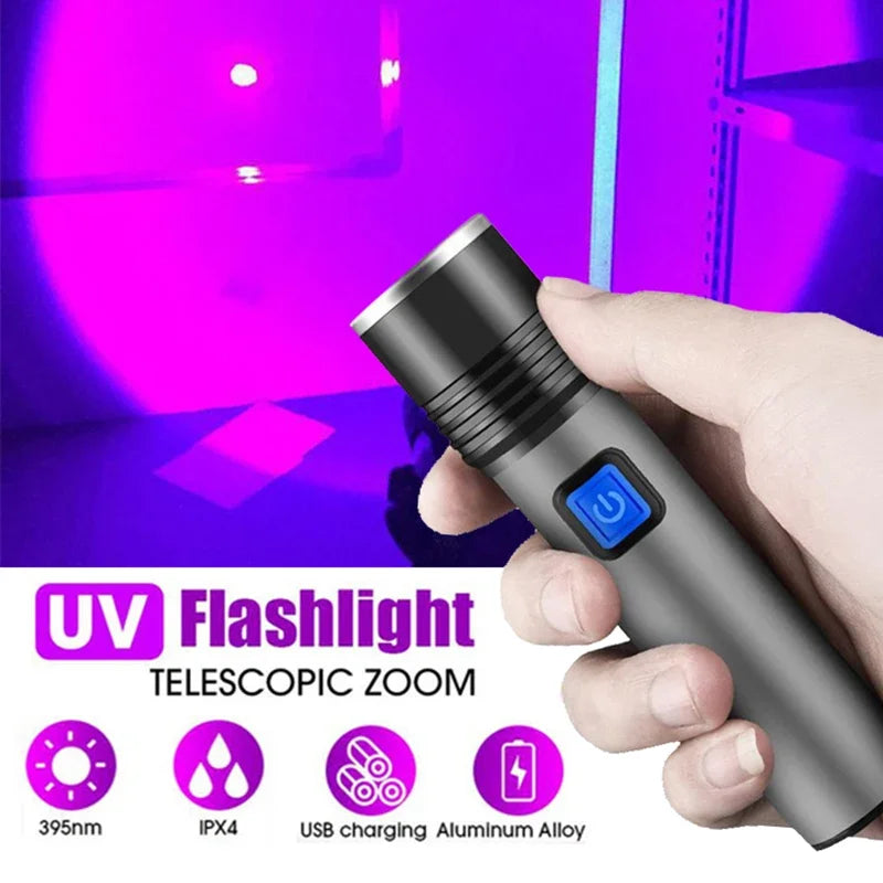 395NM UV Flashlight Rechargeable Ultraviolet Torch Pet Urine Scorpion Detector UV Lamp Anti-counterfeiting Bill Seal Detector