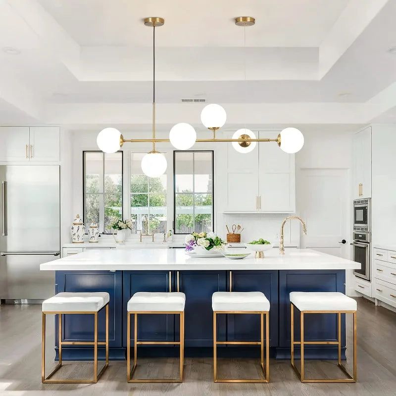 Modern Globe Linear Chandelier 6 Light Milk Glass Chandeliers Pendant Light Fixture Mid Century Sputnik Island Lights