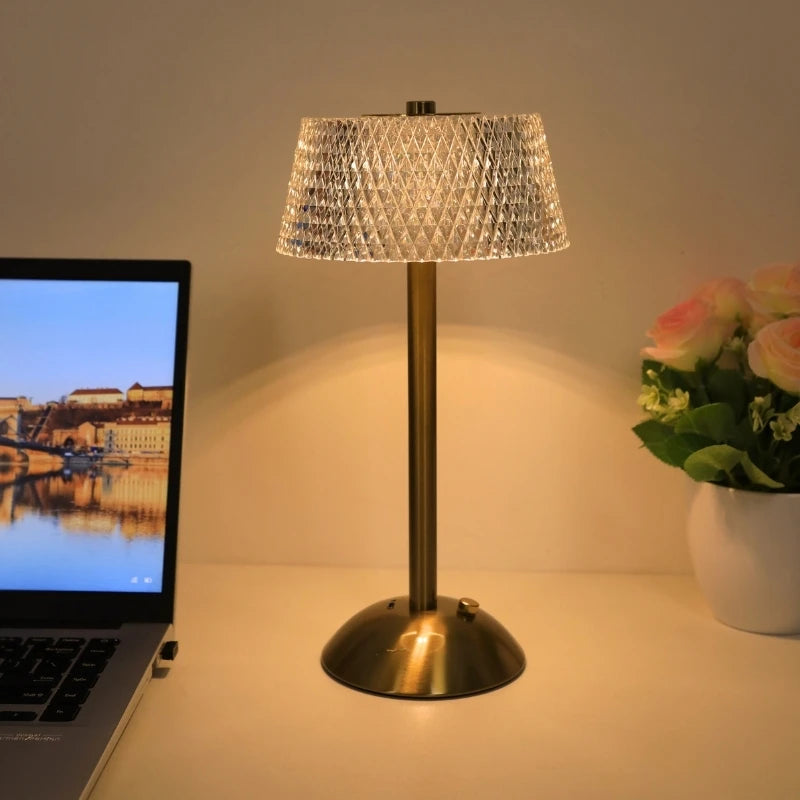Modern minimalist crystal bedside lamp, touch control adjustable brightness night light, suitable for multiple room ambiance.