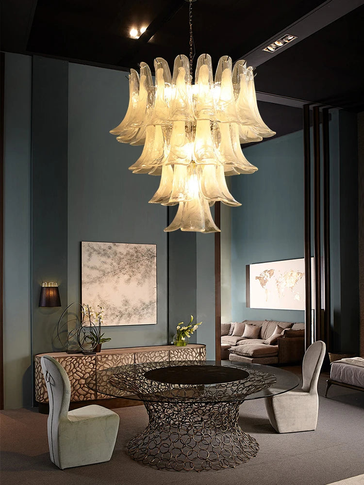 Cloudy White Glass Flower Petal Vintage Chandelier Italy Design Lighting Fixture LED Remote Dimmable Available Living Room Deco
