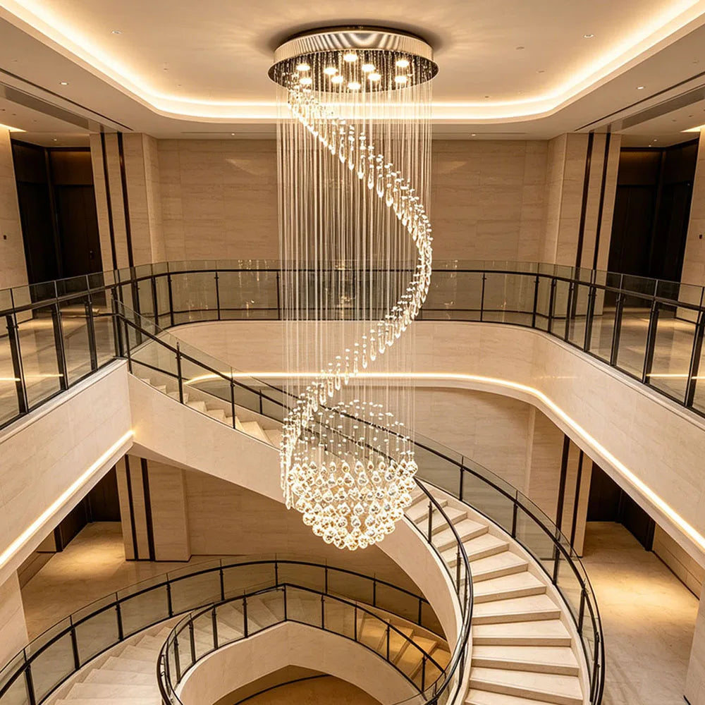 Luxury Vertical Crystal Ball Raindrop Chandelier Polished Stainless Steel Ceiling Plate Long Suspension Light For Stairwell Loft