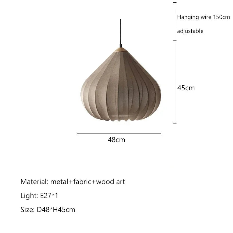 French Minimalist Onion-Shape Fabric Pendant Light - Wabi-Sabi Cloth Shade Ceiling Lamp Fixture for Living Room, Bedroom, Cafe & Kitchen