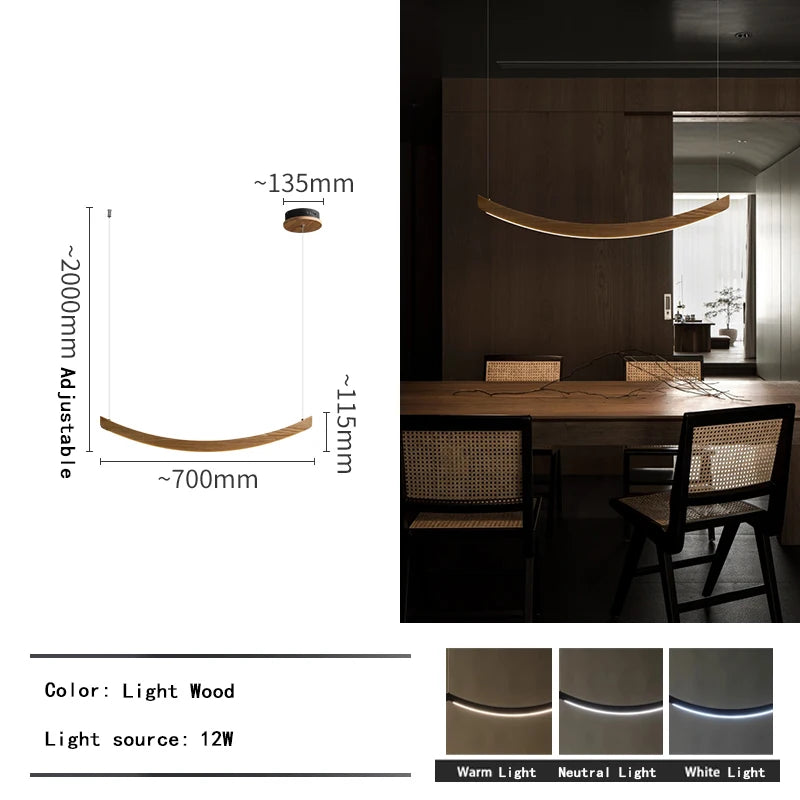 2026 Wood Arch Modern Long Pendant Light - Minimalist LED Dining Table Chandelier