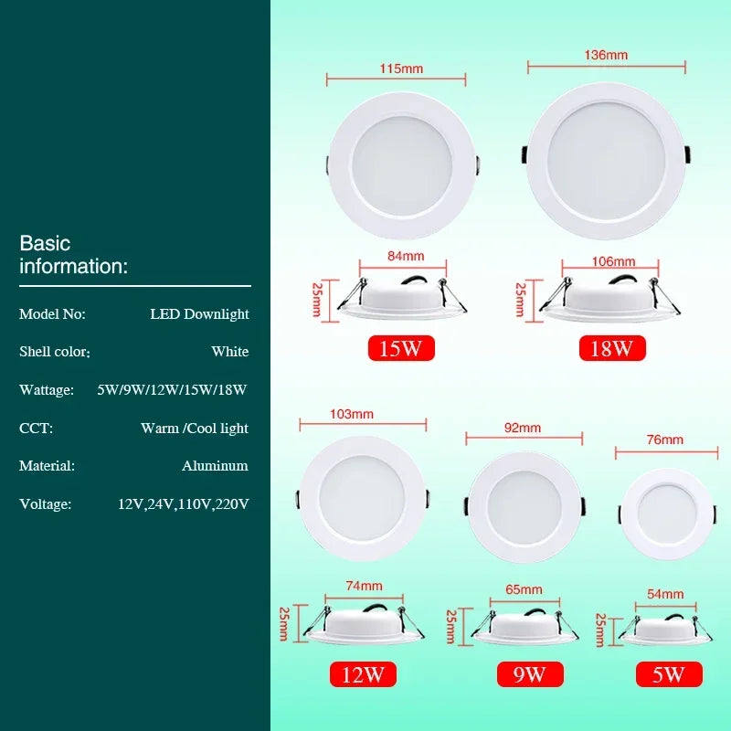10PCS White Body Recessed LED Downlight - Universal AC/DC 12V 24V 110V 220V Ceiling Light