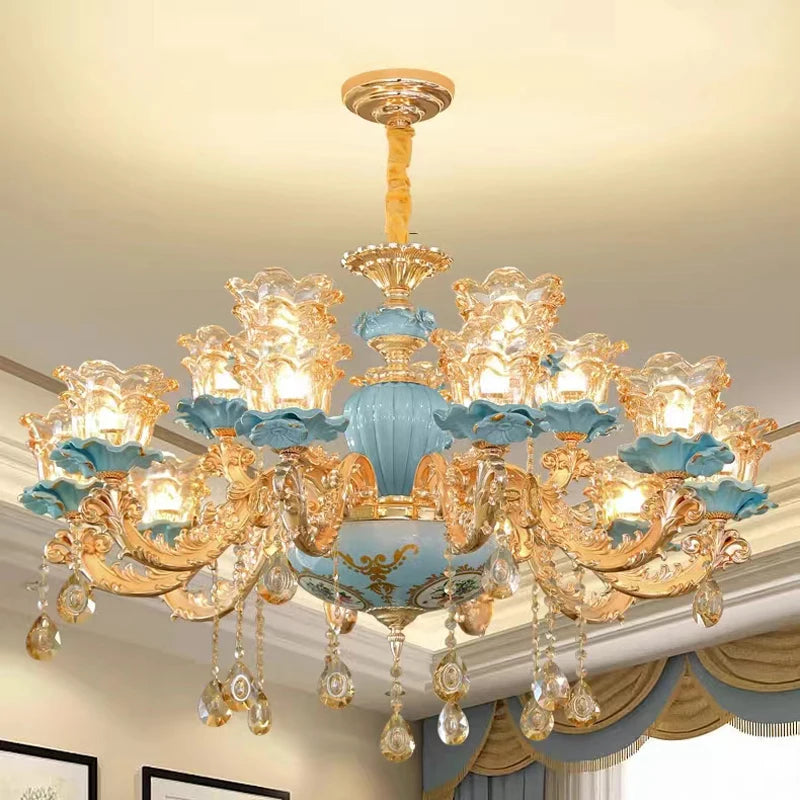 Large Blue Ceramic Chandelier Modern Crystal Glass Fixture Dining Room Contemporary Chandelier For Living Room Home Lighting