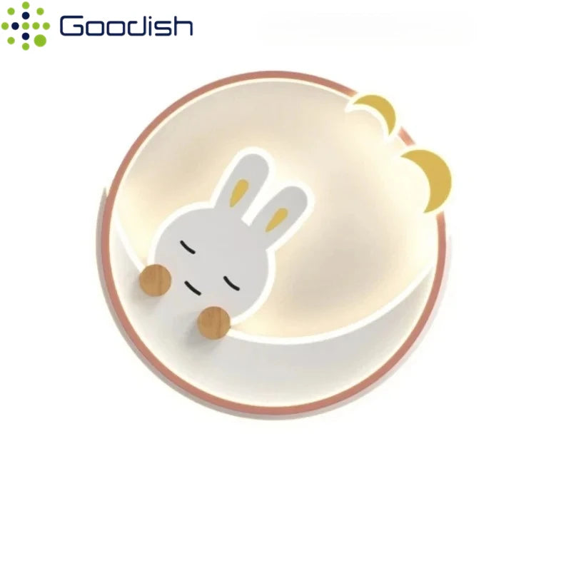 Modern Novelty Cute Cartoon Pink Rabbit Moon LED Ceiling Lights Art Lovely Lamps for Chidren's Room Home Decoration Chandeliers
