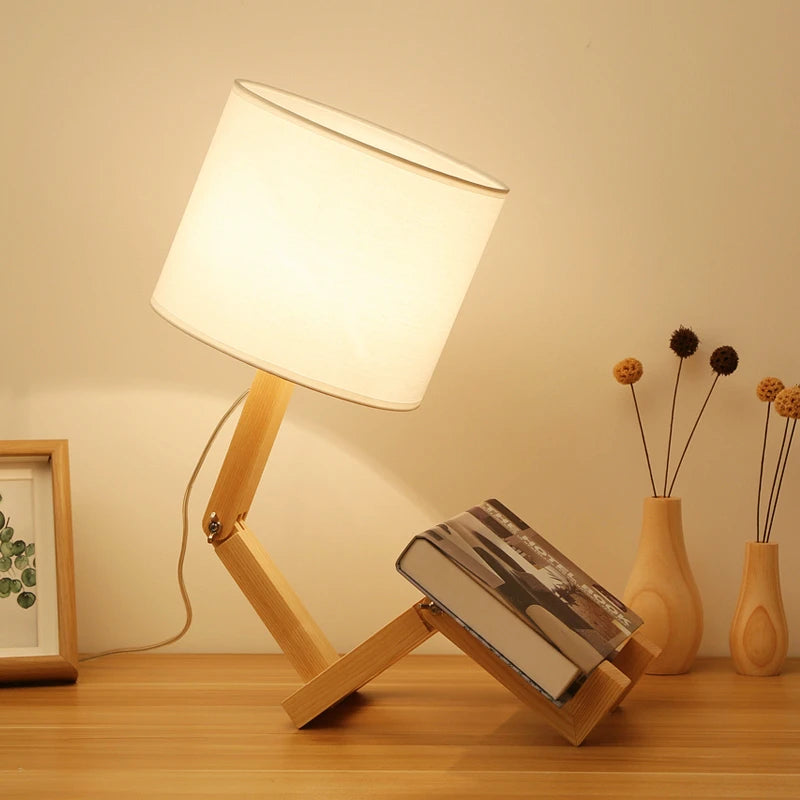 Nordic Wooden Robot LED Table Lamps Novelty E27 Fabric Bedside Art Desktop Lamp Childern Bedroom Decor Reading Book Night Lights