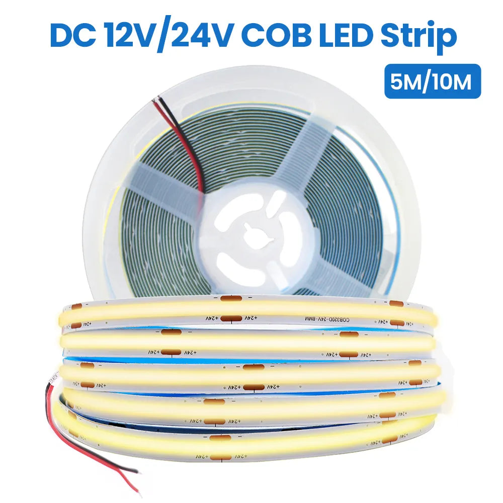 12V 24V COB LED Strip Light 320LEDs/M High Density Flexible 8mm FOB Tape Lights 5M 10M RA90 Warm Nature Cold White Linear Ribbon