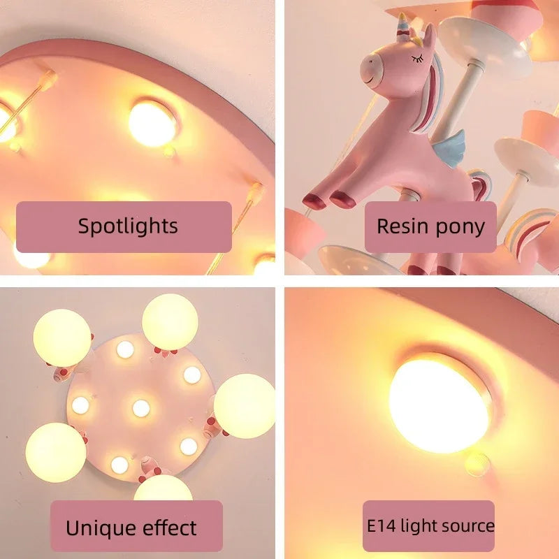 Children's Room Bedroom Pendant Light Eye Protection Cartoon LED Carousel Creative Pink Decoration Room Pendant Light