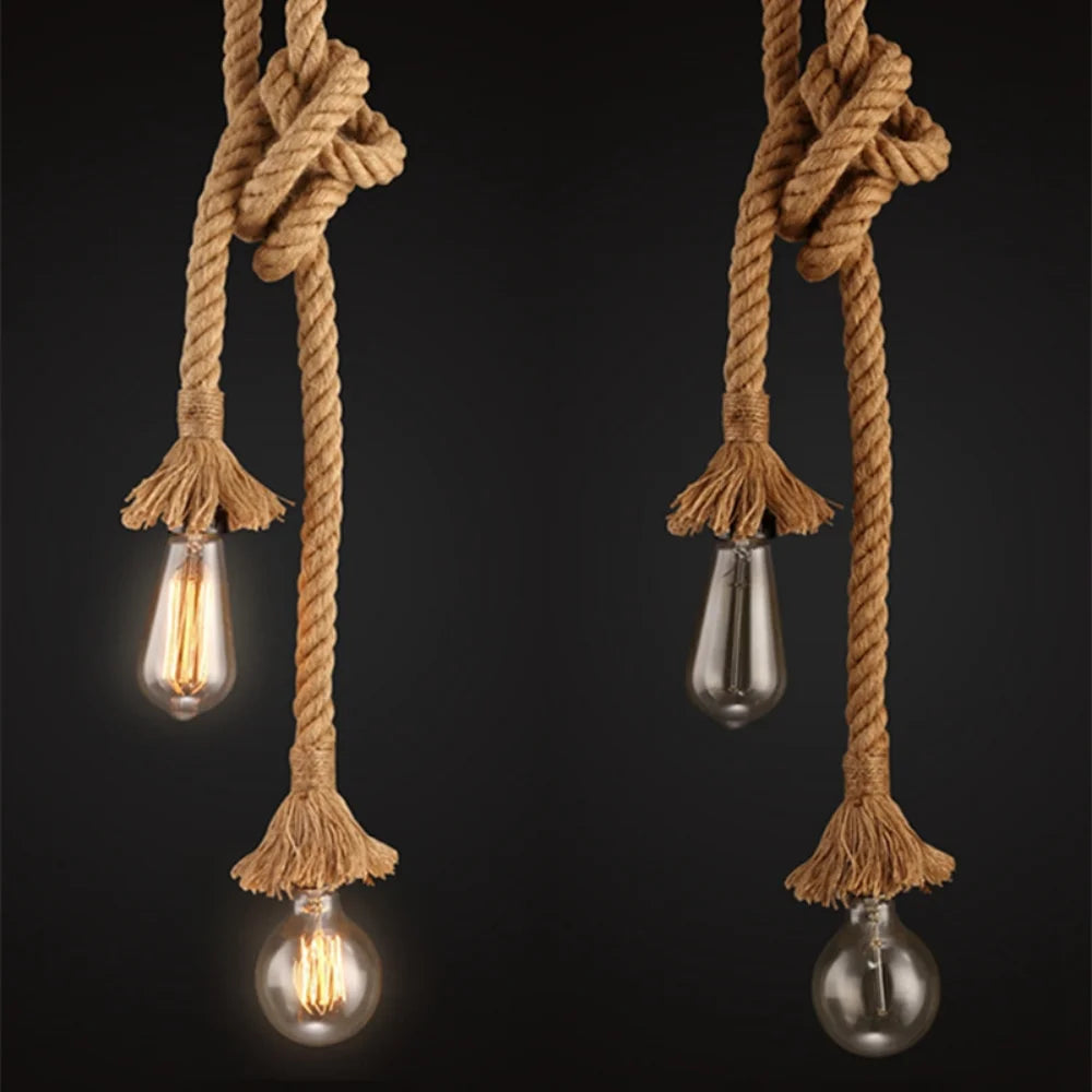 Vintage Industrial Hemp Rope Pendant Light (1m / 2m / 3m / 4m) - Single & Double Head Retro Loft Hanging Lamp Fixture for Edison Bulbs