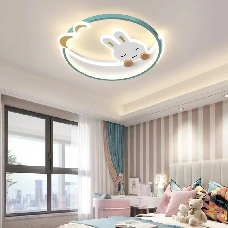 Modern Novelty Cute Cartoon Pink Rabbit Moon LED Ceiling Lights Art Lovely Lamps for Chidren's Room Home Decoration Chandeliers