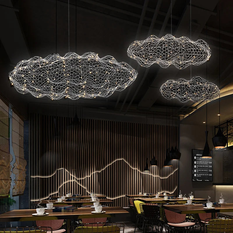 Modern Art Design Stars Fireflies Iron Mesh Cloud Chandelier Bedroom Stair Creative Restaurants Decorative Lighting Fixtures LED