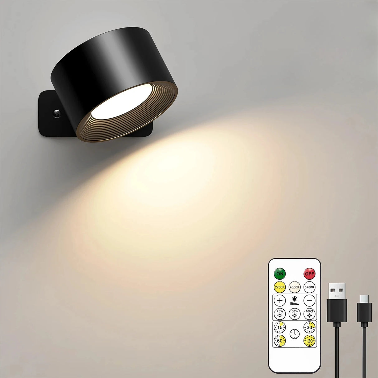 LED Wall Lights with Remote, Rechargeable Wall Mounted Reading Sconces Lamp 2000mAh, 3 Colors & Dimmable Magnetic 360° Rot