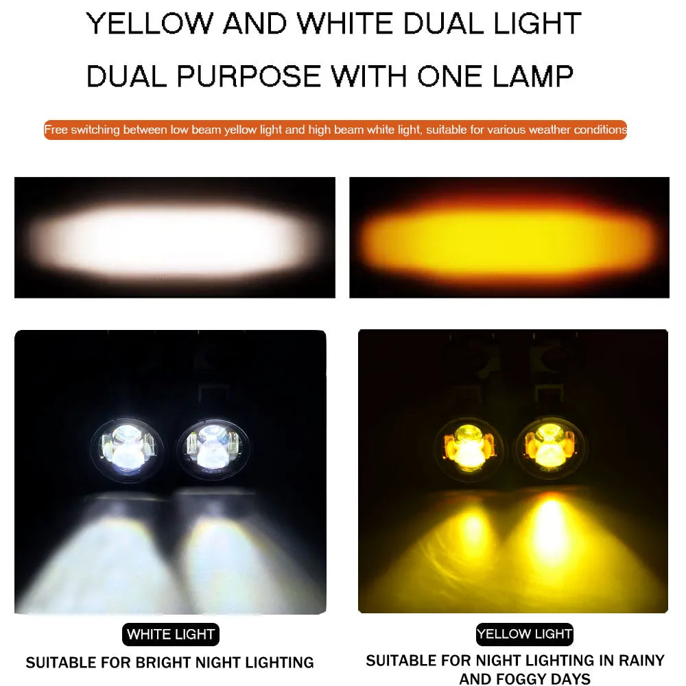 100W Motorcycle LED Fog Lights - Dual Color Auxiliary Driving Spotlights
