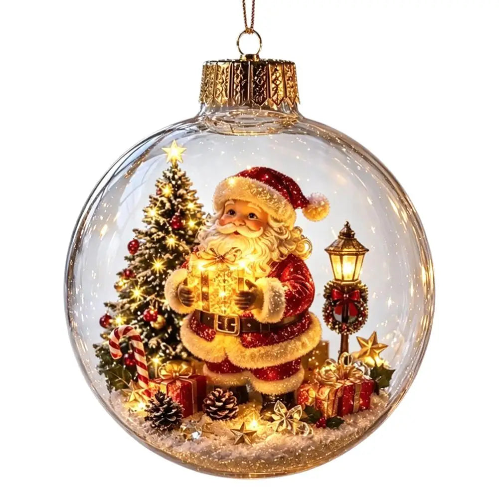 8cm Light Up Christmas Ball Ornament Plastic Transparent Hanging Pendant Warm LED Light Inside Scene Decor for Xmas Tree