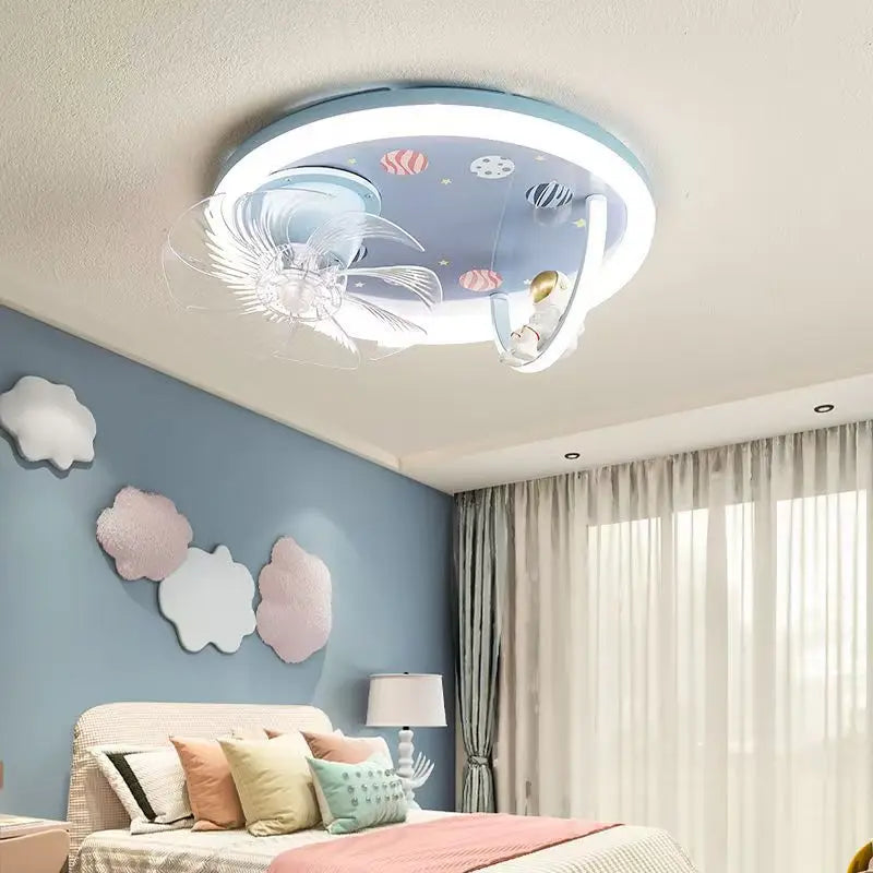 Full spectrum eye protection children's fan LED ceiling light for male and female bedrooms cartoon moon astronaut ceiling light