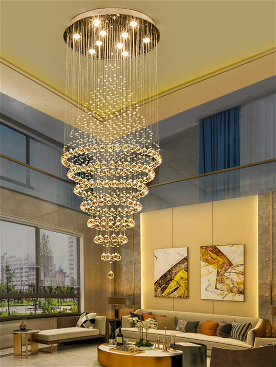 Modern Luxury LED Crystal Chandelier Lamp Stair Lights Droplight Double Entry Long Circular Crystal Lighting  Lobby Chandelier