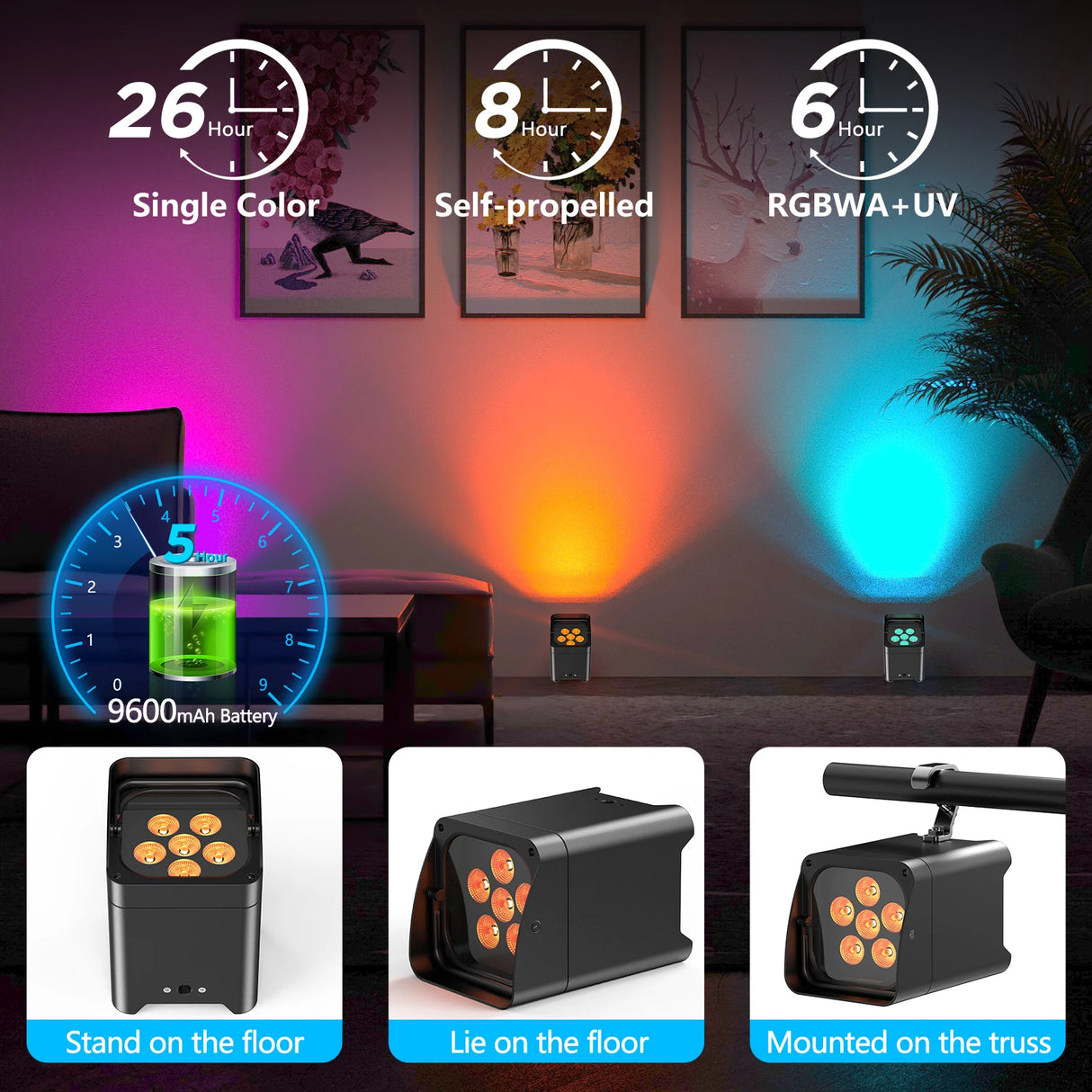 4-Pack 6x18W 6-in-1 RGBAW+UV Wireless Par Lights with Carrying Bag - DMX, Remote & WiFi LED Stage Lighting for DJ, Bar & Party