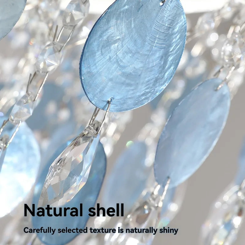 French K9 Crystal Chandelier Luxury Vintage Blue/White Natural Shell Pendant Light for Romantic Villa Living Dining Room Bedroom