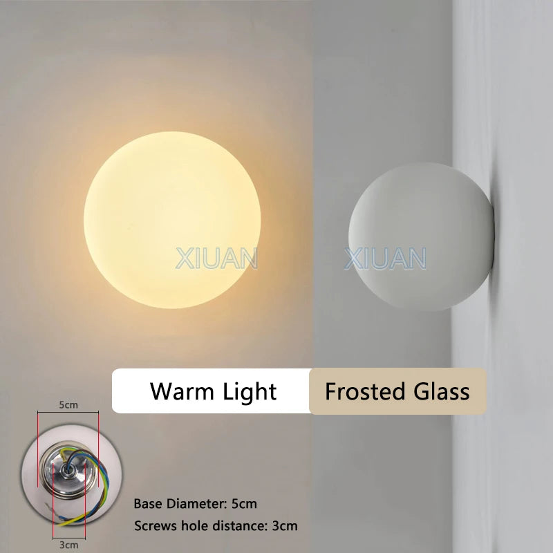 Round Glass Lights Modern Hidden Base Milky White Glass Wall Lamp for Bedroom Bedside Living Room Stair Hallway Entrance Hotel