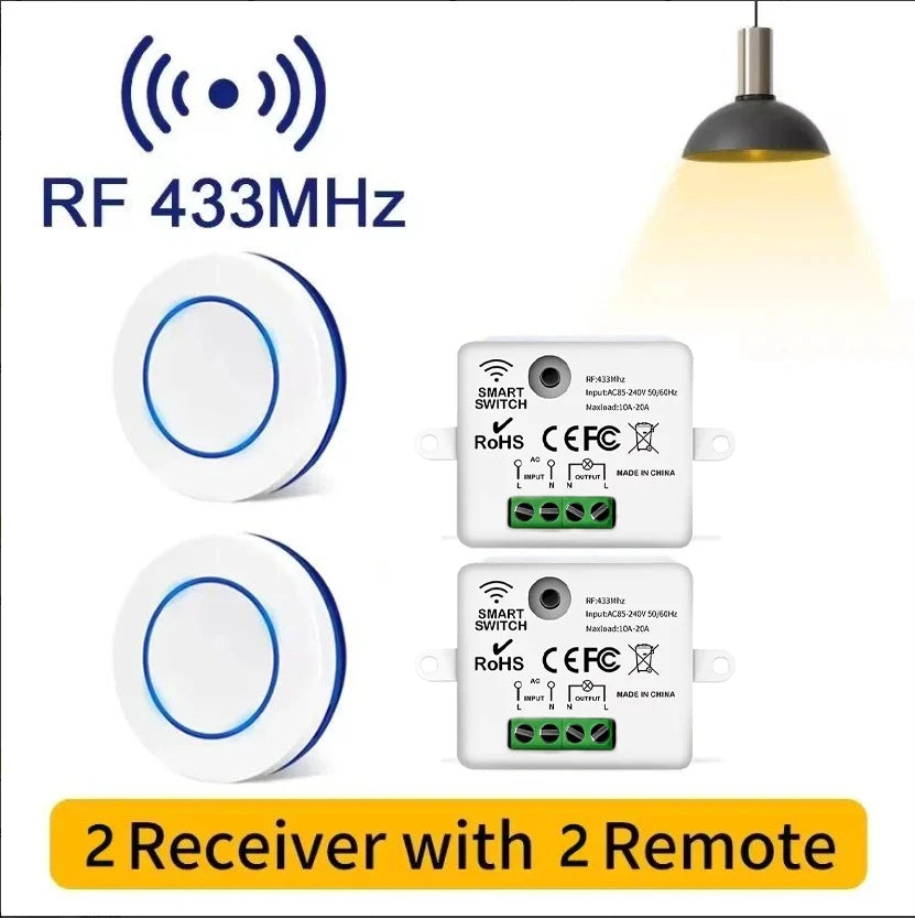 Wireless RF 433MHz Light Switch Kit - 10A Relay Receiver & Mini Wall Button
