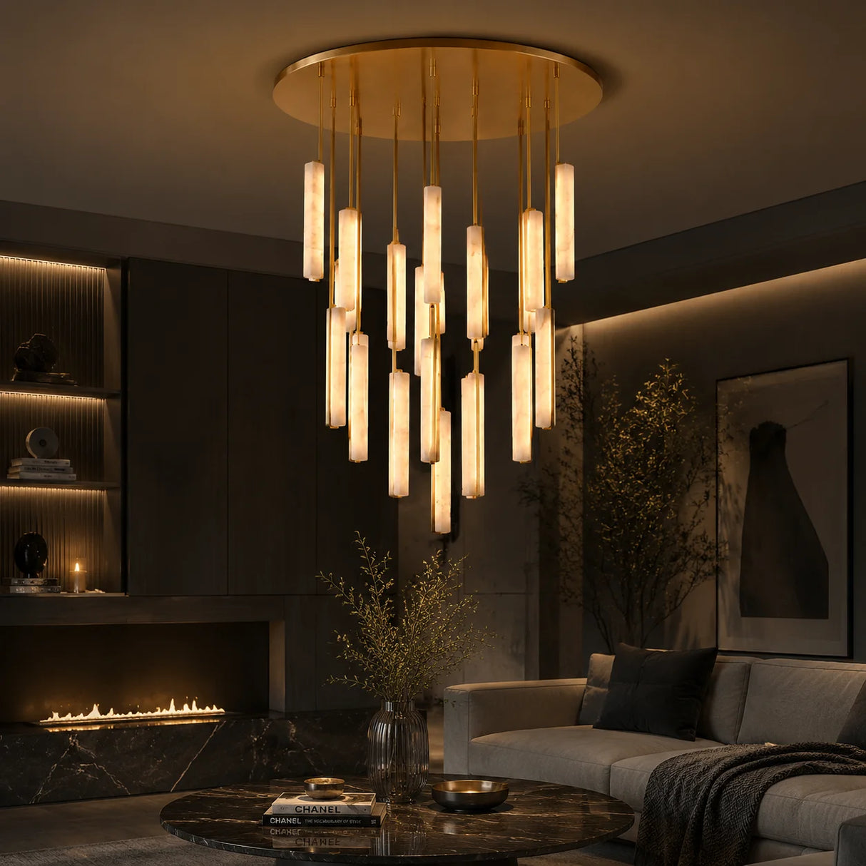 Luxury Spanish Marble Chandelier Brass Hanging Light 3 Color Dimmable Pendant Lamp for Villa Living Room Dining Area Hotel Lobby