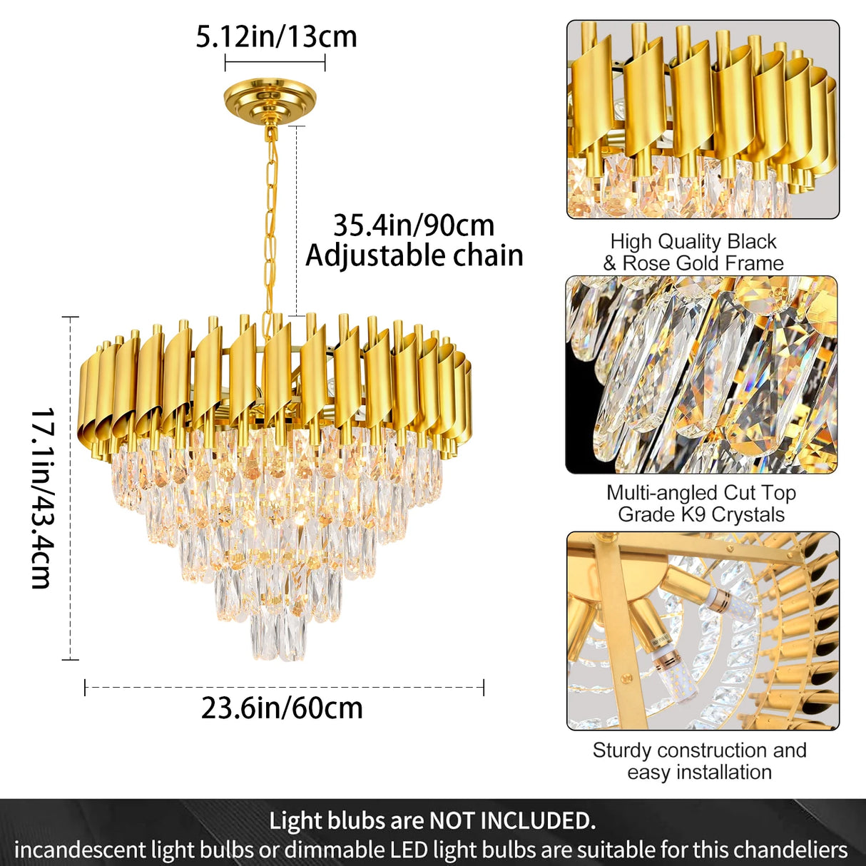 Modern Golden Crystal Chandelier, 5-Layer Circular Luxury Ceiling Chandelier, Suitable for Dining/Living Room/Entrance Hall