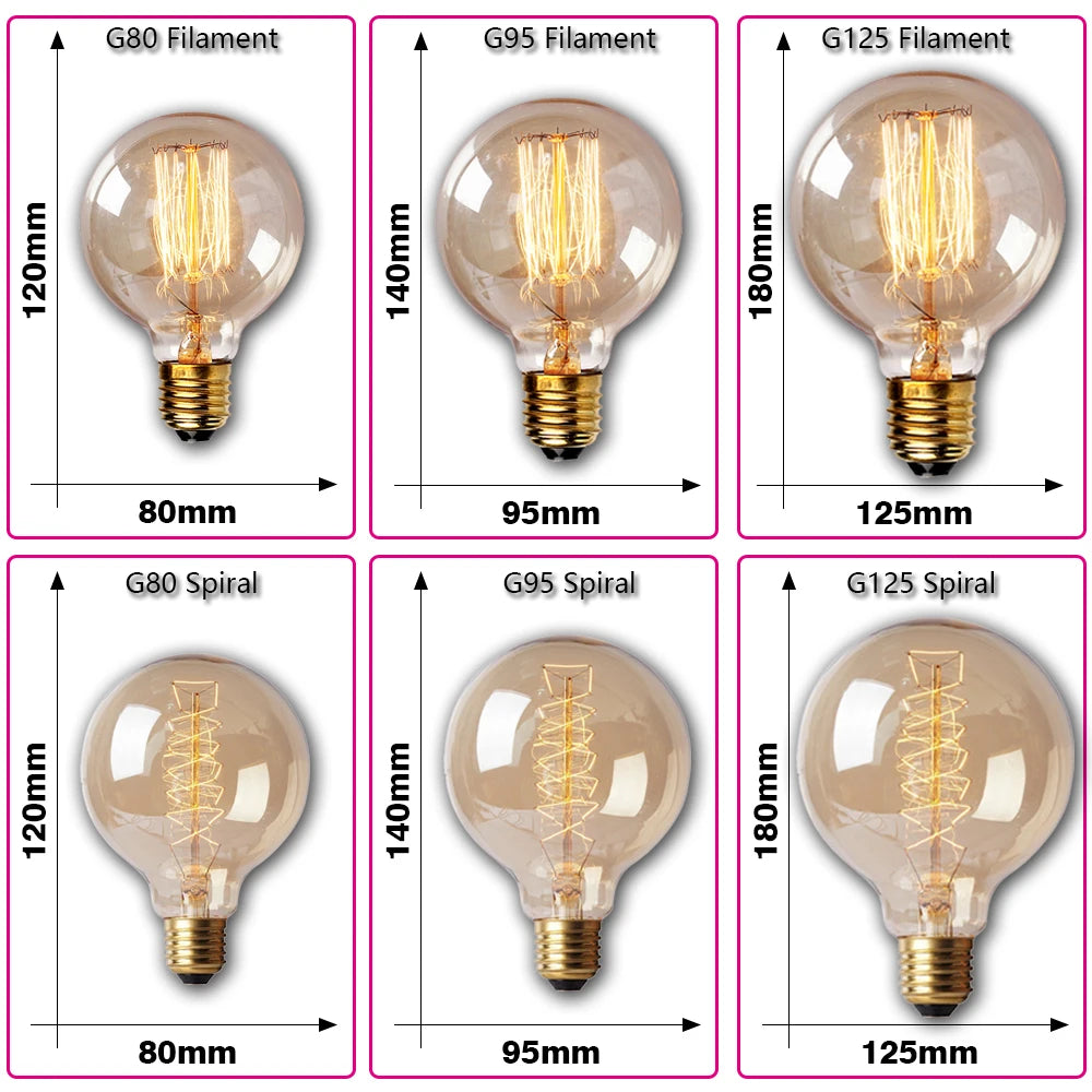 Retro Edison Light Bulb E27 220V 40W ST64 G80 G95 T10 T45 T185 A19 A60 Filament Incandescent Ampoule Bulbs Vintage Edison Lamp