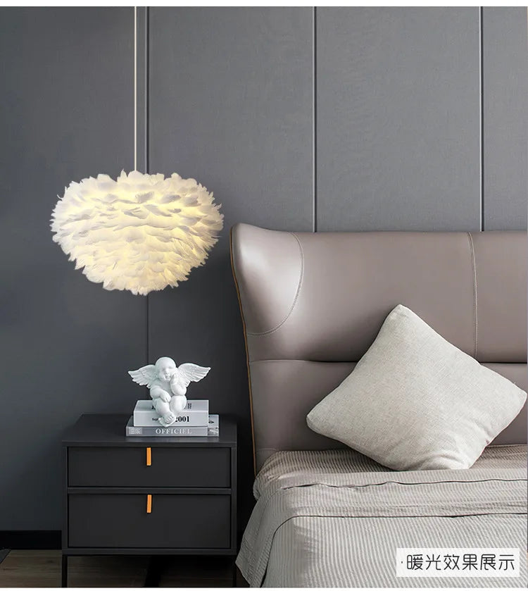 Nordic White Feather Lamp, Nordic Bedroom Lamp, Cozy Romantic Bedside Decor Pendant Light Cover