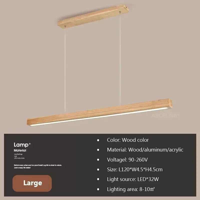 LED Pendant Light Dining Table Lamp Wood Long Strip Suspension Chandelier for Living Dining Room Lighting Fixture